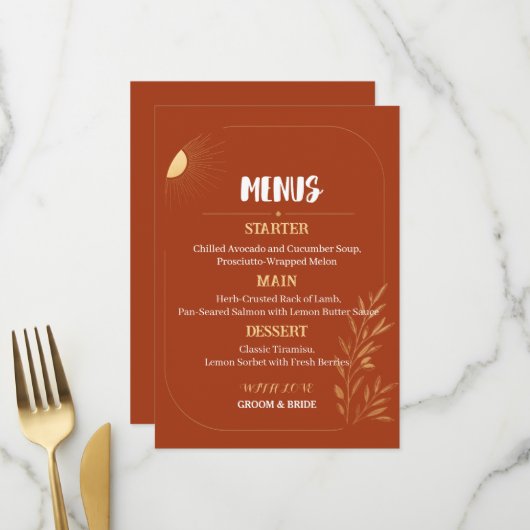 Modèle de menu de mariage bohème en terre cuite (Devant/Arrière en situation)