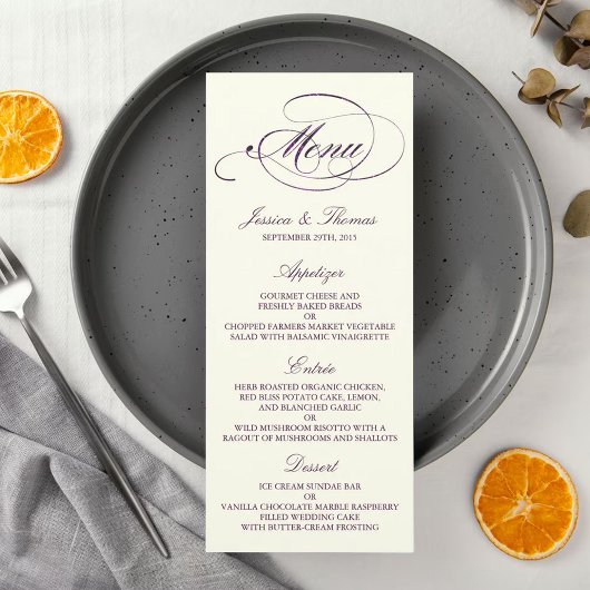 Modèle de menu de mariage chic faux prune feuille 