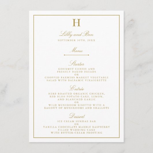 Modèle de menu de mariage Chic White & Gold (Devant)