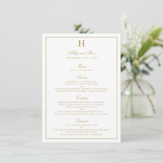 Modèle de menu de mariage Chic White & Gold (Debout devant)