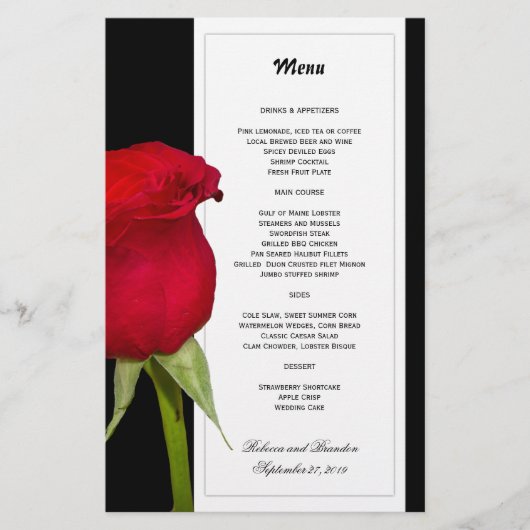Modèle de menu Mariage noir et blanc Rose rouge (Devant)