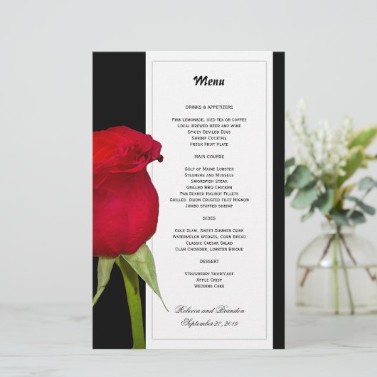Modèle de menu Mariage noir et blanc Rose rouge (Debout devant)