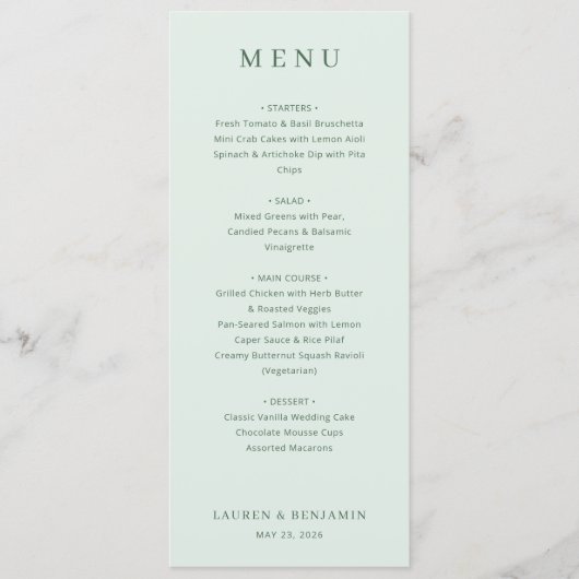 Modèle de menu vert pâle élégant (Devant)