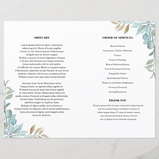 Modèle de programme de funérailles avec feuilles (Dos)