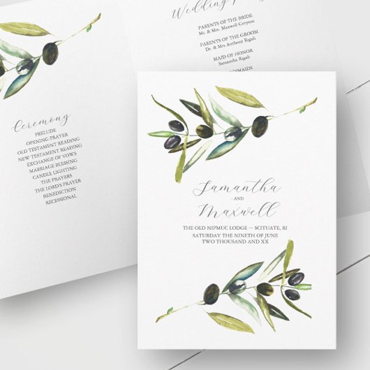 Modèle de programme de mariage aquarelle olivier p