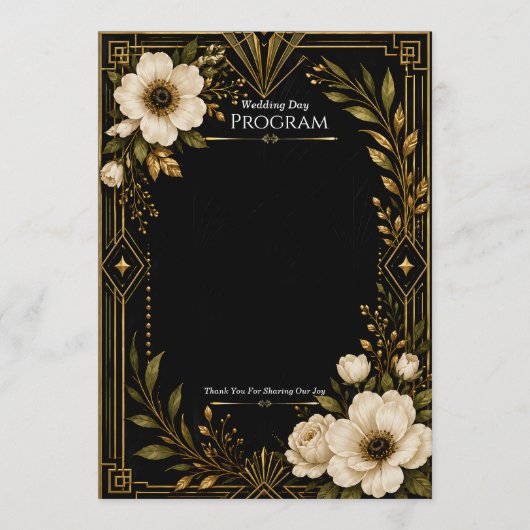 Modèle de programme de mariage noir et or Art Déco (Devant)