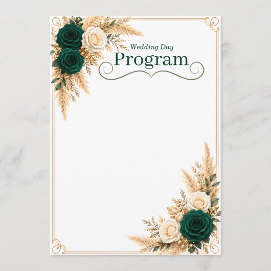 Modèle de programme de mariage vert émeraude et or (Devant)