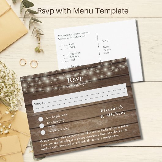Modèle de réponse RSVP avec menu en bois rustique