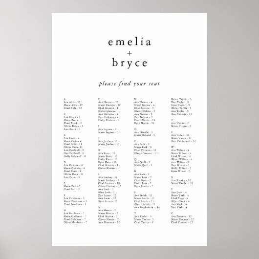 MODÈLE de tableau de sièges Mariage unique EMELIA  (Devant)