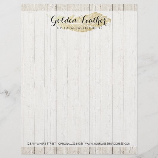 Modèle D'en-tête De Lettre Plume Bohème Dorée sur Planches de Bois Rustique (Devant)