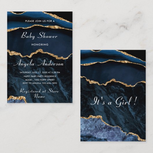 Modèle d'invitation Blue Gold Baby Girl Shower (Devant / Derrière)