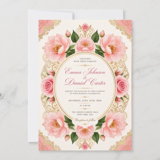 Modèle d'invitation de mariage à l'aquarelle rose (Devant)