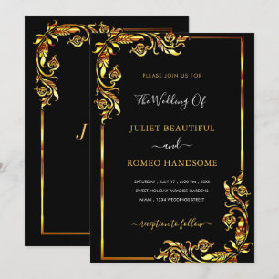 Modèle d'invitation de mariage encadré noir et or