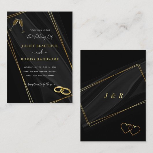 Modèle d'invitation de mariage encadré par l'or no (Devant / Derrière)