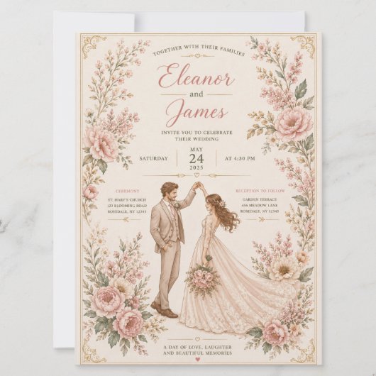 Modèle d'invitation de mariage floral élégant (Devant)