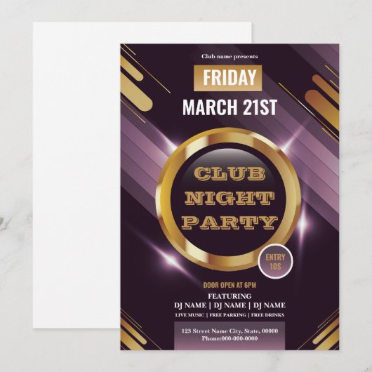 Modèle d'invitation pour soirée en boîte de nuit (Devant / Derrière)