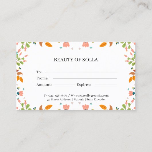 Modèle du certificat cadeau de frontière florale (Dos)