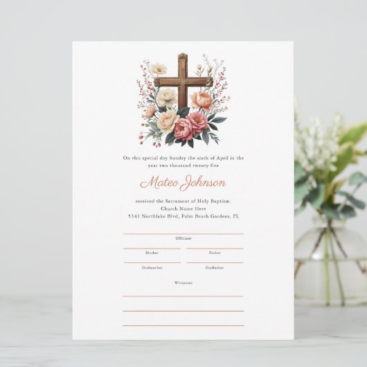 Modèle du certificat de baptême catholique croisée (Debout devant)
