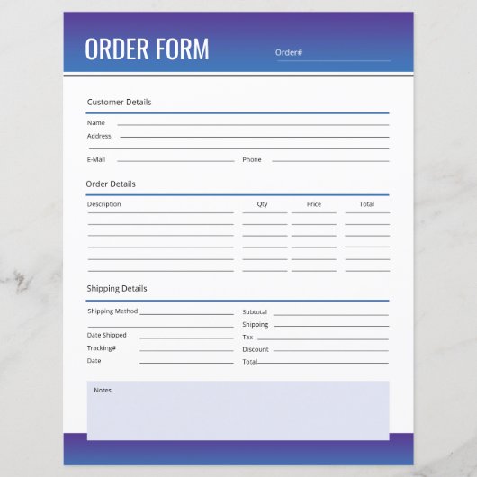 Modèle du formulaire de commande (Devant)