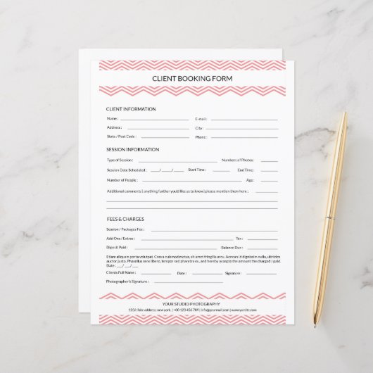 Modèle du formulaire de contrat de session de phot (Devant/Arrière en situation)