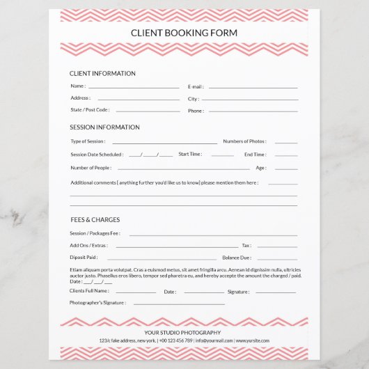 Modèle du formulaire de contrat de session de phot (Devant)