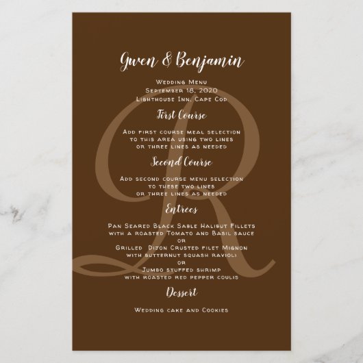 Modèle du menu du Mariage Brown Monogramme (Devant)