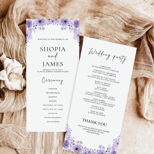 Modèle du programme de cérémonie de Mariage violet