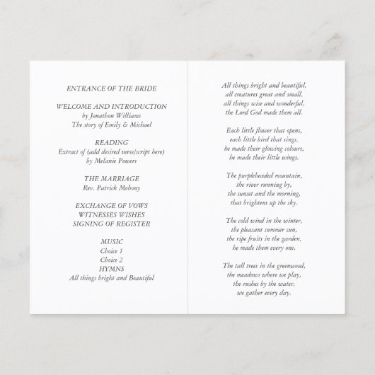 Modèle du programme de mariage (Dos)