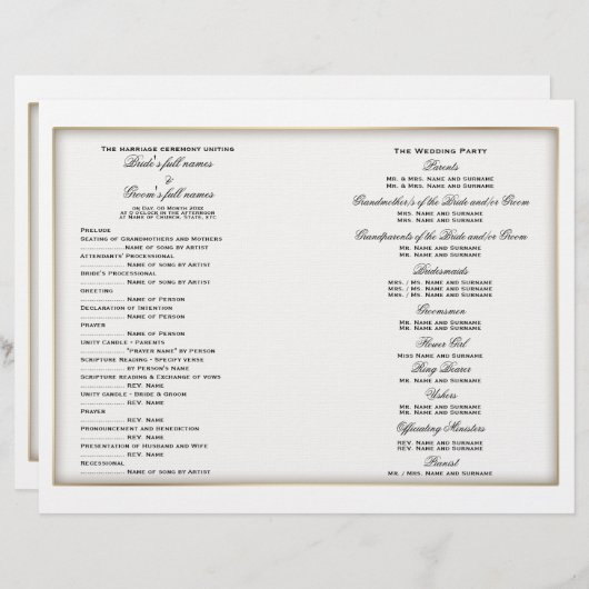 Modèle du programme de mariage (Devant / Derrière)