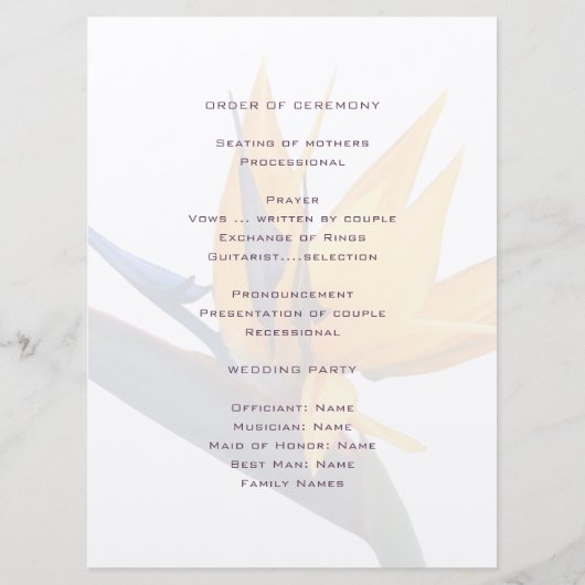 Modèle du programme de mariage plat Bird of Paradi (Dos)