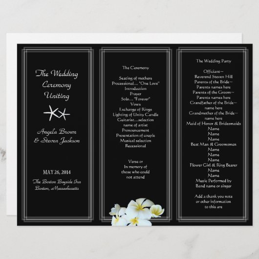 Modèle du programme de mariage Plumeria noir et bl (Devant / Derrière)