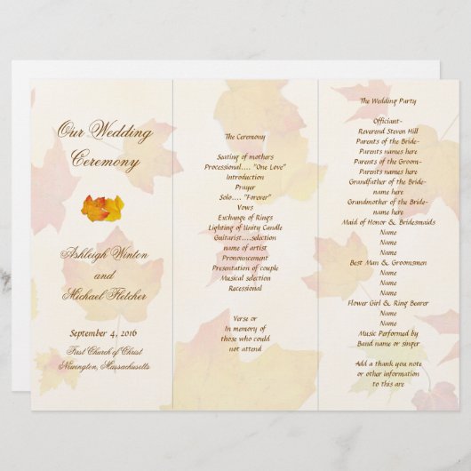 Modèle du programme de mariage triplé Feuille (Devant / Derrière)