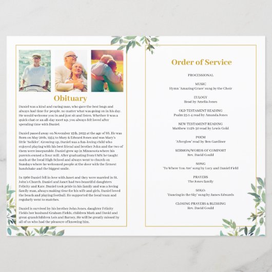 Modèle du programme funéraire avec Feuilles verts (Dos)