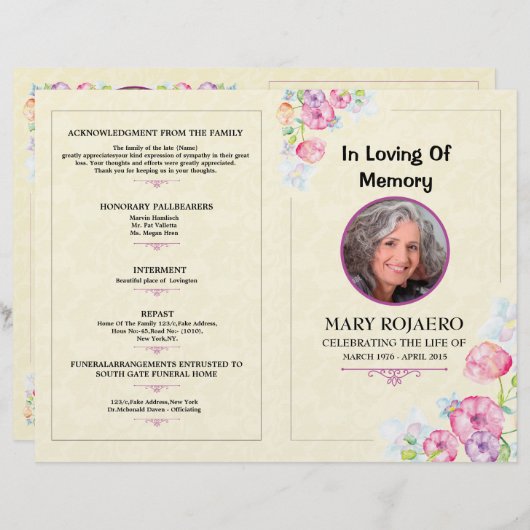 Modèle du programme funéraire commémoratif (Devant / Derrière)