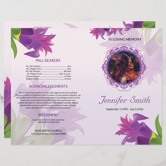 Modèle du programme funéraire de fleurs violettes (Devant / Derrière)