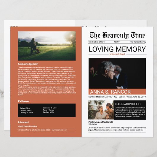 Modèle du programme funéraire de style journal (Devant / Derrière)