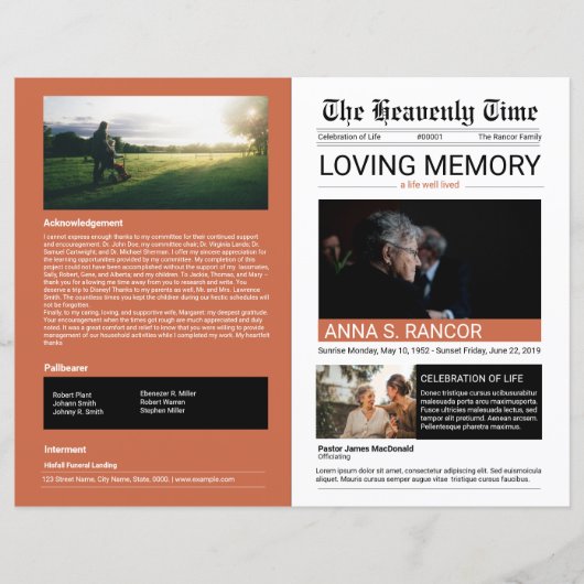 Modèle du programme funéraire de style journal (Devant)