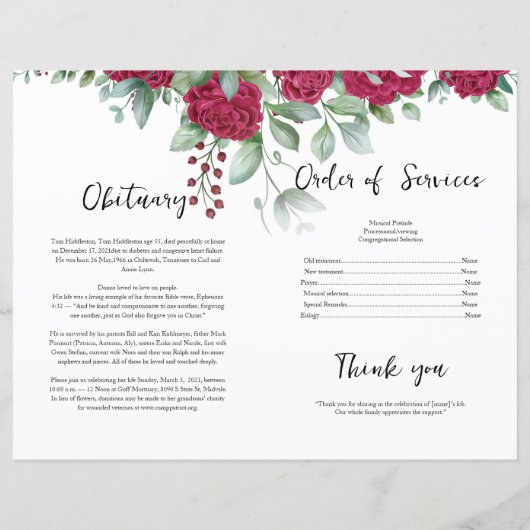 Modèle du programme funéraire floral (Dos)