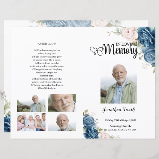 Modèle du programme funéraire Floral bleu (Devant / Derrière)