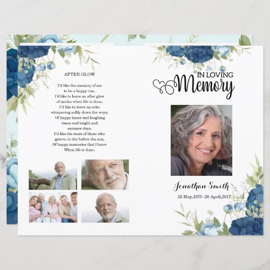 Modèle du programme funéraire floral bleu (Devant / Derrière)
