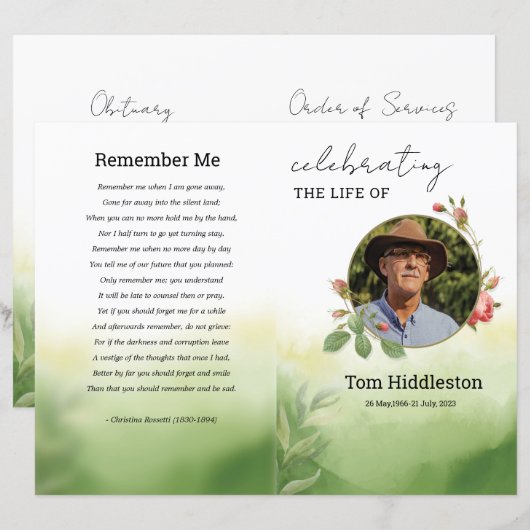 Modèle du programme funéraire vert aquarelle (Devant / Derrière)