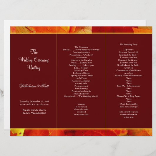 Modèle du programme Tri-Fold Sent Burgundy Automne (Devant / Derrière)