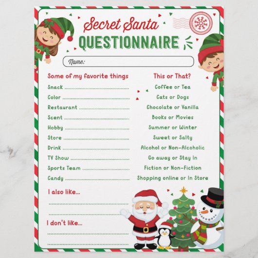 Modèle du questionnaire de Noël Secret Père Noël (Devant)