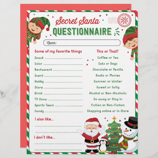 Modèle du questionnaire de Noël Secret Père Noël (Devant / Derrière)