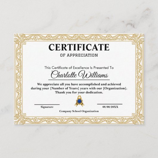 Modèle élégant de certificat d'appréciation en or (Devant)