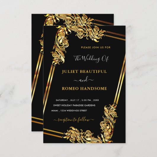 Modèle Faire-part de mariage d'or noir encadré (Devant / Derrière)