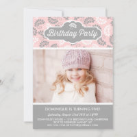 MODÈLE FLEURI ROSE ET GRIS INVITATION ANNIVERSAIRE