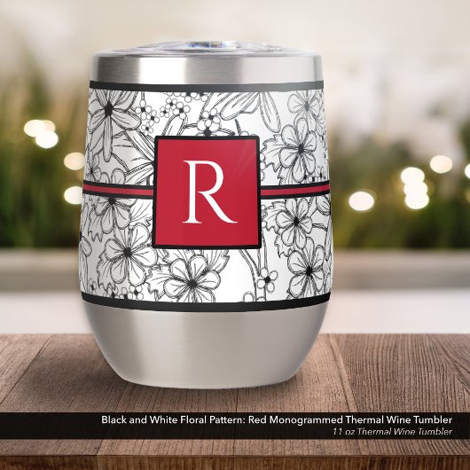 Modèle floral blanc et noir : Monogramme rouge