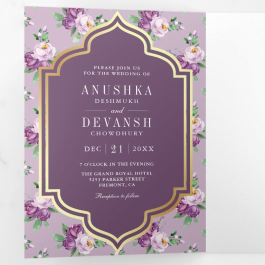 Modèle Floral pourpre QR Code Mariage indien (Intérieur en premier)