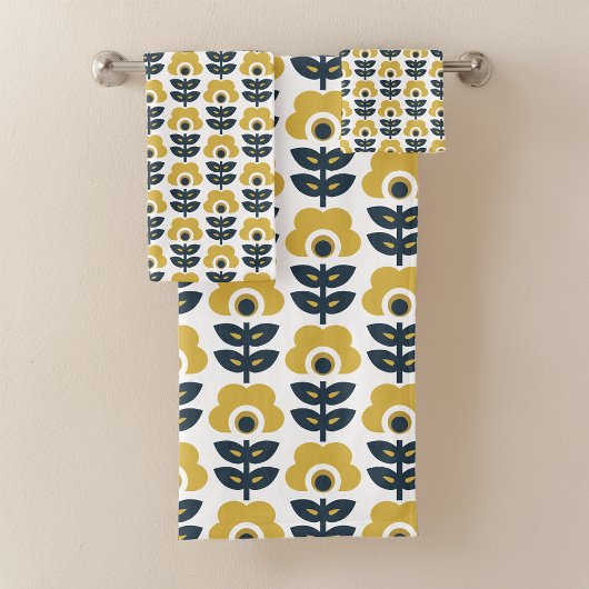 Modèle floral rétro Marine et moutarde Jaune